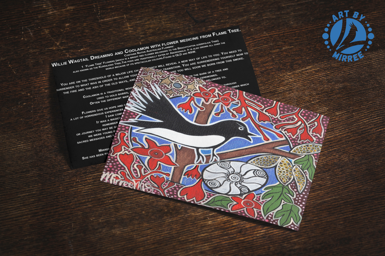 'Willie Wagtail Dreaming with Coolamon and Flower Medicine' Aboriginal Art A6 Story PostCard Single by Mirree