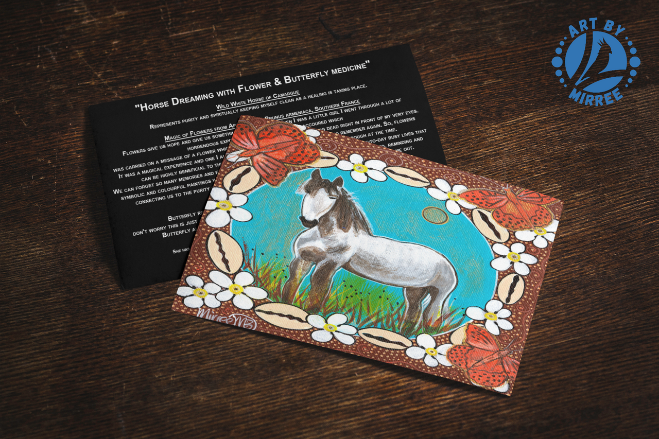 'Horse Dreaming with Cowrie Shells and Flower Medicine' Aboriginal Art A6 Story PostCard Single by Mirree