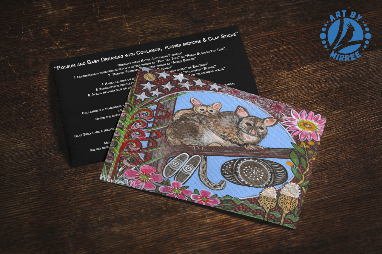 'Possum and Baby Dreaming with Coolamon and Flower Medicine' Aboriginal Art A6 Story PostCard Single by Mirree