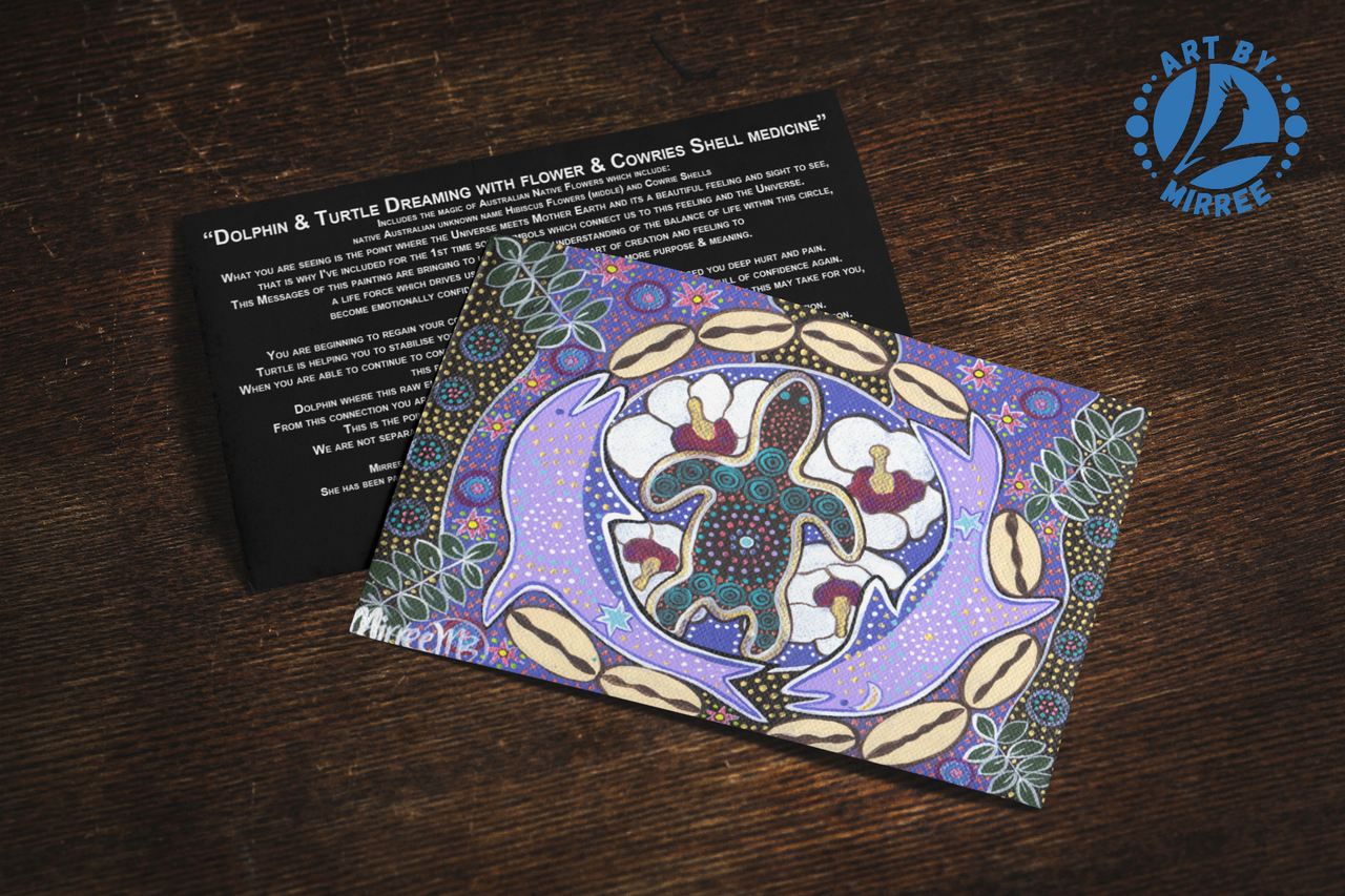 'Dolphin and Turtle Dreaming with Flower Medicine' Aboriginal Art A6 Story PostCard Single by Mirree