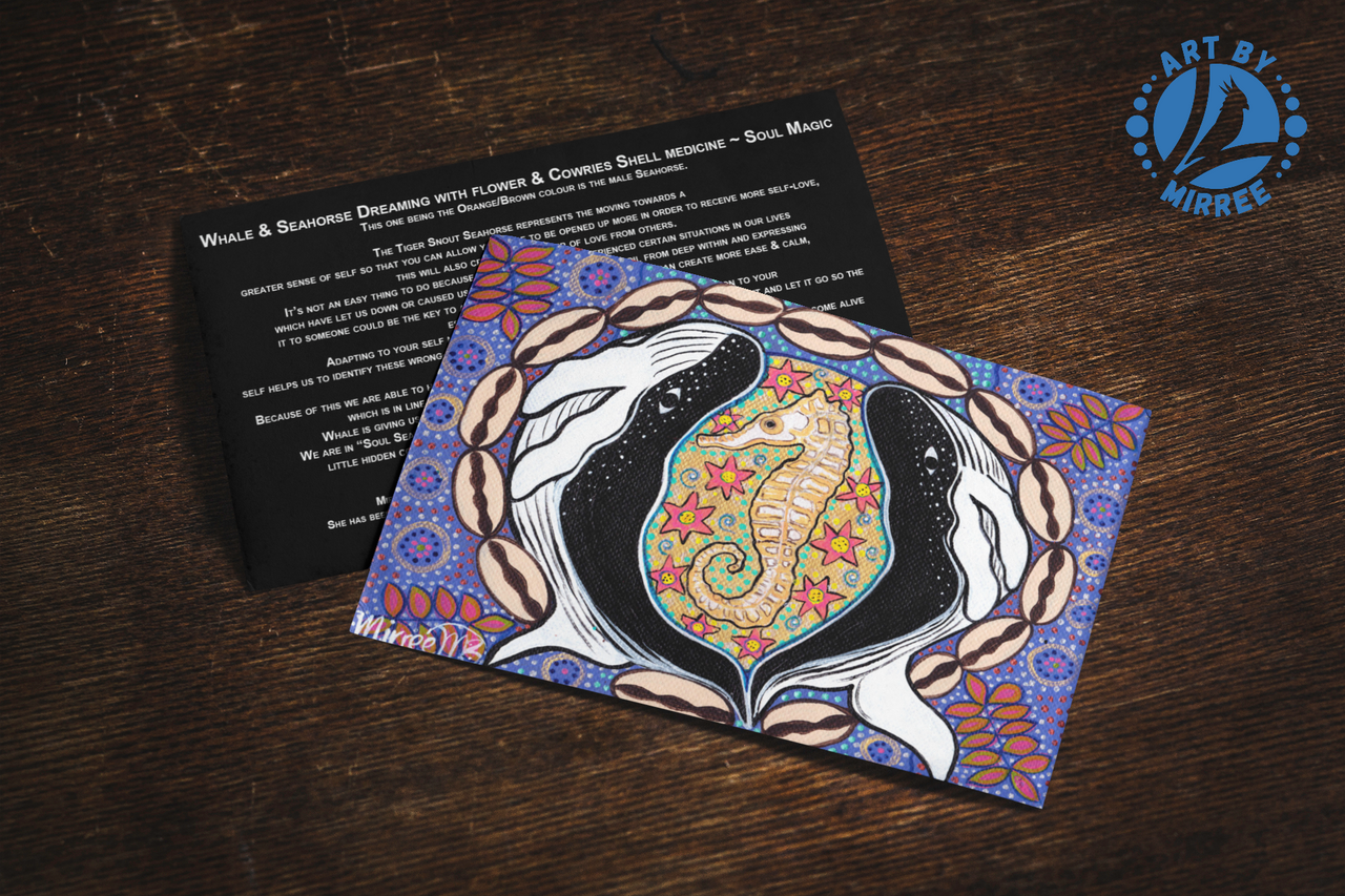 'Whale and Seahorse Dreaming with Flower Medicine' Aboriginal Art A6 Story PostCard Single by Mirree