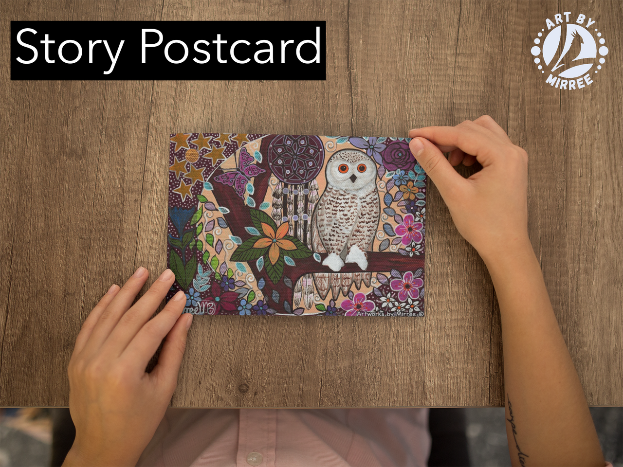 'Snowy Owl Dreaming with Butterfly and Flower Medicine' Aboriginal Art A6 Story PostCard Single by Mirree