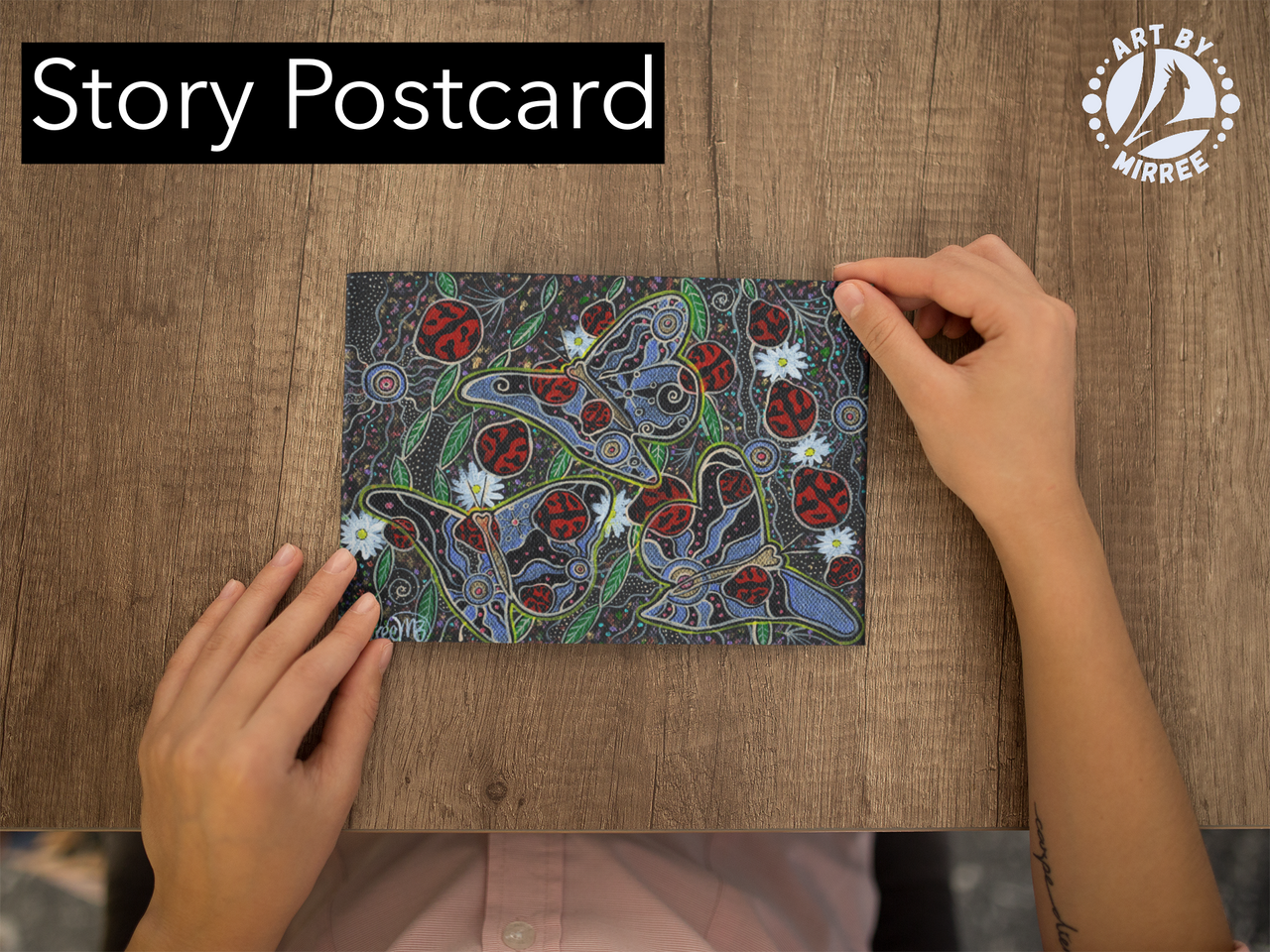 'Lady Beetle and Butterfly with Flower Medicine' Aboriginal Art A6 Story PostCard Single by Mirree